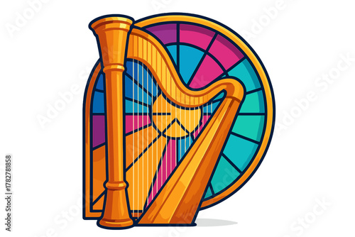 Ornate golden classical harp against vibrant geometric stained glass window