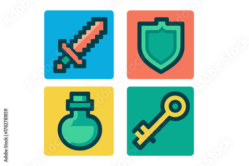 Essential fantasy gaming assets set featuring a sword shield potion bottle and magic key