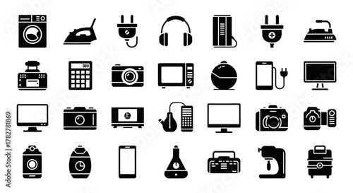 Collection of Various Electronic Devices and Appliances in Black and White Silhouette. EPS Editable