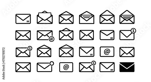 Collection of Various Email Envelope Icons in Black and White Communication Symbols. EPS Editable
