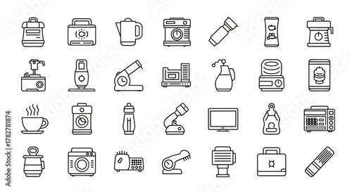 Collection of Various Household Appliances and Electronic Devices in Outlined Style. EPS Editable