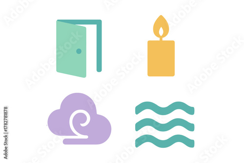 Four minimalist pastel symbols: open door, burning candle, stylized cloud, and wavy water