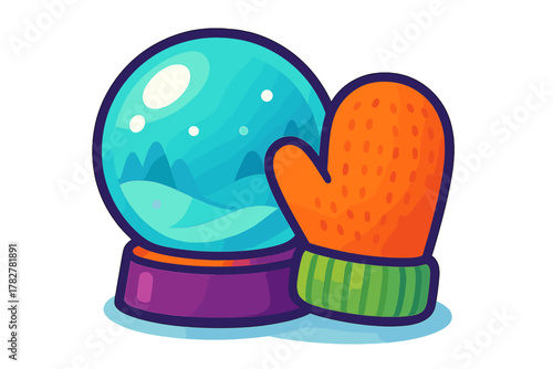 Brightly colored snow globe with a snowy landscape next to a warm orange winter mitten