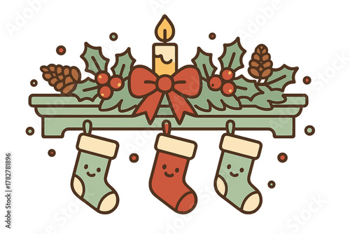 Smiling Christmas stockings hanging on a mantelpiece decorated with holly and a candle