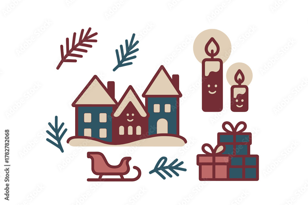 Naklejka premium Set of cute winter holiday icons featuring cozy houses, burning candles, gifts, and festive sleigh