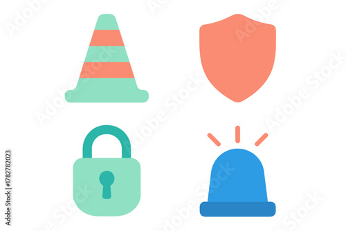 Essential set of safety and security symbols featuring warning cone, protective shield, locked padlock, and emergency siren