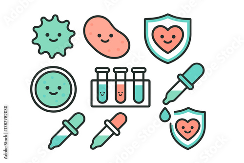 Cute cartoon icons for microbiology, laboratory research, health, and immunity protection