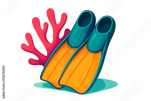 Stylized orange and turquoise diving fins resting next to red sea coral