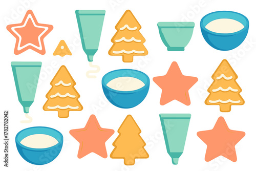 Festive holiday baking elements featuring gingerbread cookies, icing tubes, and mixing bowls