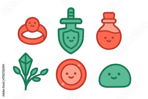 Cute fantasy game items: magic ring, shield, sword, potion, crystal, and coin