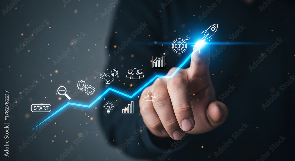 Naklejka premium Business Growth Strategy Innovation Success Hand Touching Line Copy Space