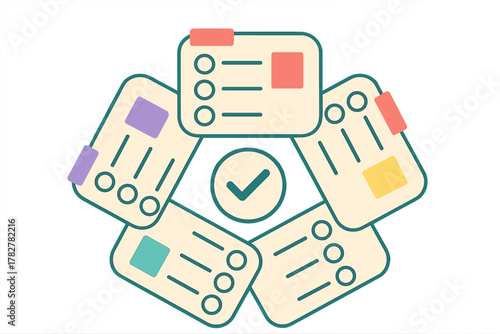 Abstract representation of project management, task organization, and successful completion with checklist cards