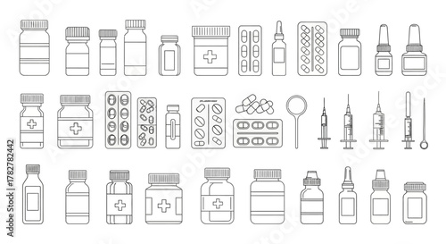 Collection of various medicine bottles pills and medical equipment in line art style. EPS Editable