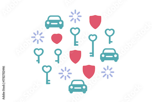 Seamless repeating design with security symbols, cars, heart keys, and shields