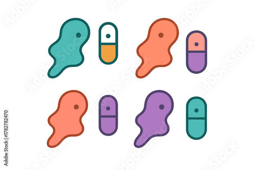 Abstract amoeba shapes and medical capsules in bright colors symbolizing biological processes and health