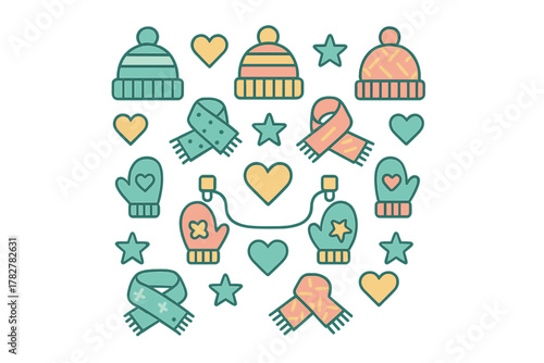 Seamless pattern of colorful winter hats, scarves, and mittens with hearts and stars