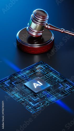 Artificial Intelligence AI and Legal Systems: Judge's Gavel Hammer as a Symbol of Law and Order with Processor CPU AI Chip