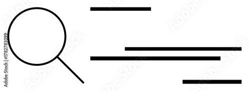 Magnifying glass next to horizontal lines symbolizing focus, search, and discovery. Ideal for research, investigation, exploration, analysis, learning, detail minimal flat metaphor