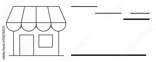 Small shop with a striped awning, door, and window. Blank lines suggest communication, branding, and commerce. Ideal for retail, delivery, e-commerce local business marketing signage