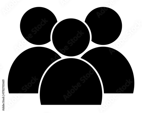 Solid black silhouette vector icon representing a group of three people or a team. Symbol of a crowd, user base, or social network group