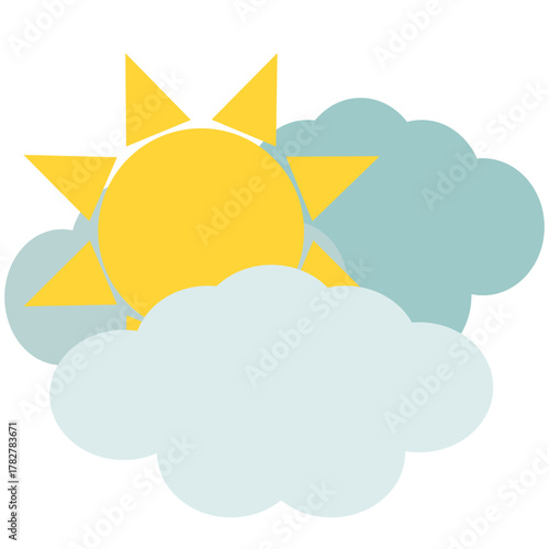 Flat vector icon of the sun partially obscured by two overlapping clouds. Sunny and cloudy weather conditions
