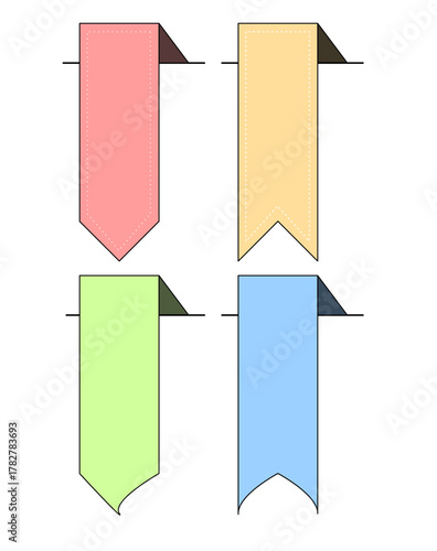 Collection of four vertical ribbon banner bookmarks in pastel colors. Set of colorful tag labels for sale advertising or website graphic elements