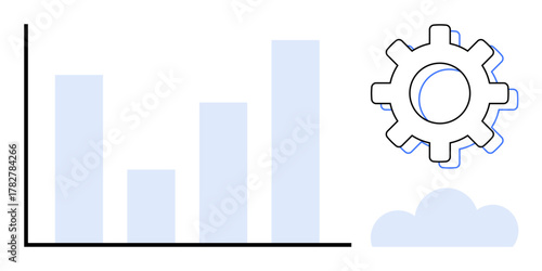 Vertical bar graph beside a gear and cloud, symbolizing analytics, automation, cloud computing, and progress. Ideal for technology, efficiency, business growth and innovation. Modern flat metaphor