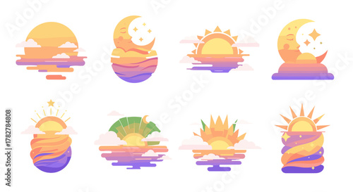 Collection of dreamy celestial illustrations featuring sun, moon, stars and clouds in pastel colors