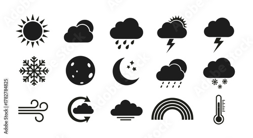 Weather forecast icons set sun cloud rain moon snowflake wind rainbow and thermometer vector illustration