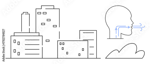 Cityscape with tall buildings, a human profile exhaling air, and a cloud. Ideal for pollution, health awareness, environment, sustainability, urban planning eco-living climate change. Simple flat