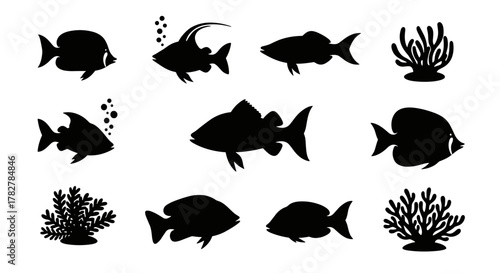 Aquatic life silhouette vector art featuring various species of fish and coral reef formations design element
