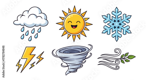 Weather forecast icons set vector illustration cute sun rain snowflake wind tornado and lightning weather elements