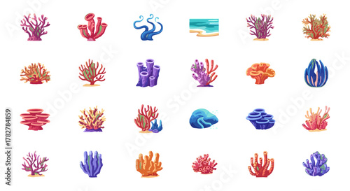 Collection of colorful underwater coral reef illustrations for ocean life and marine ecosystem design