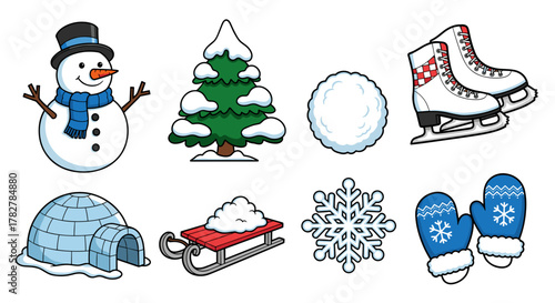 Winter season holiday elements vector illustration with snowman tree and ice skates for graphic design needs
