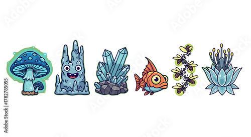Fantasy game assets collection including mushroom creature crystal fish and fireflies illustration