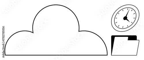 Cloud outline with clock and folder, representing data storage, time management, productivity, digital workflow, file organization, cloud computing, and deadline tracking. Clean simple flat metaphor
