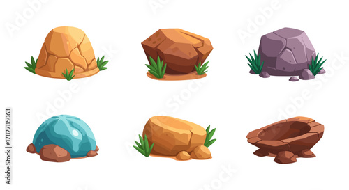 Isolated cartoon game assets stones rocks boulders set for ui design environment elements vector illustration