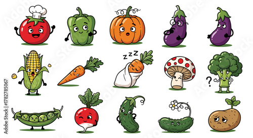 Illustration of cute cartoon vegetables including tomato eggplant pumpkin and other fresh produce for kids art