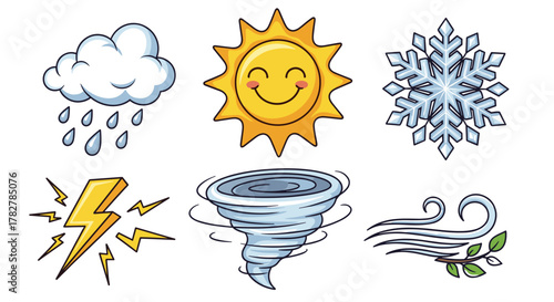 Weather forecast icons set representing different weather conditions and meteorological phenomena for design elements