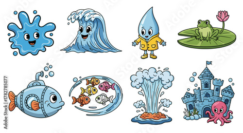 Cartoon water elements vector illustration featuring wave splash fountain submarine and sea creatures for kids
