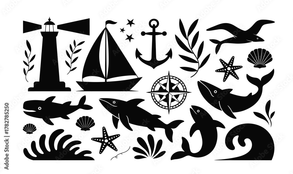 Fototapeta premium Nautical and Marine Life Silhouettes Collection