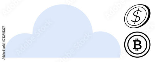 Minimalist cloud paired with dollar and bitcoin icons representing digital storage, currency, and decentralized technology. Ideal for finance, blockchain, cloud computing, fintech, economy