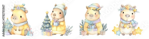  watercolor illustration of a capybara in a winter hat