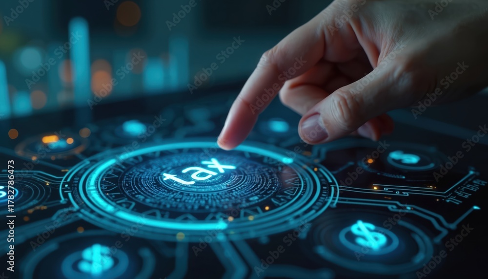 Obraz premium A human hand presses glowing tax button on futuristic digital interface screen. This represents online financial services, e-commerce, and modern gov tech payment systems. Future economy.