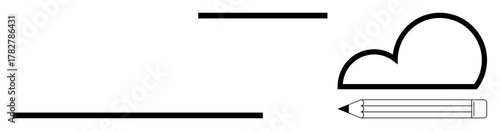Minimalist cloud line, a pencil, and horizontal lines emphasizing writing, creativity, education, design, innovation, ideas sharing and simplicity. Ideal for simple flat metaphor