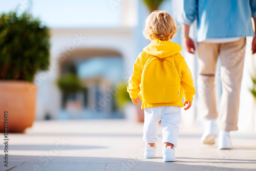 Little boy going to school holding fathers hand family education support moment