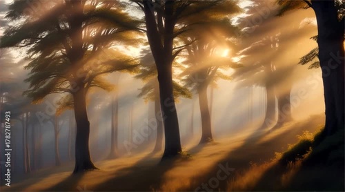 Forest at Dawn: Volumetric Rays of Light Passing Through the Tall Pines