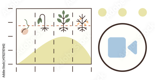Graph showing seed sprouting, plant growth, wilting, and decay. Play icon suggests video usage. Ideal for education, biology, agriculture, data visualization technology environment tutorials