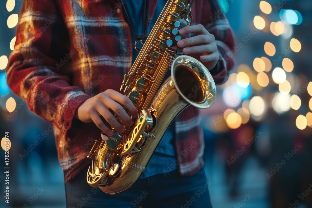 Fototapeta premium Musician playing saxophone outdoors with festive lights