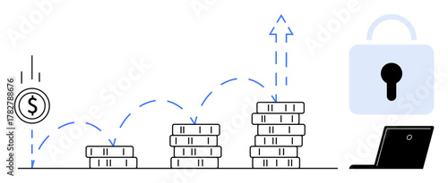 Stacks of coins increasing in height with an upward arrow and a dollar coin, suggesting financial growth. Secure lock and laptop emphasize money safety. Ideal for finance, investment, security